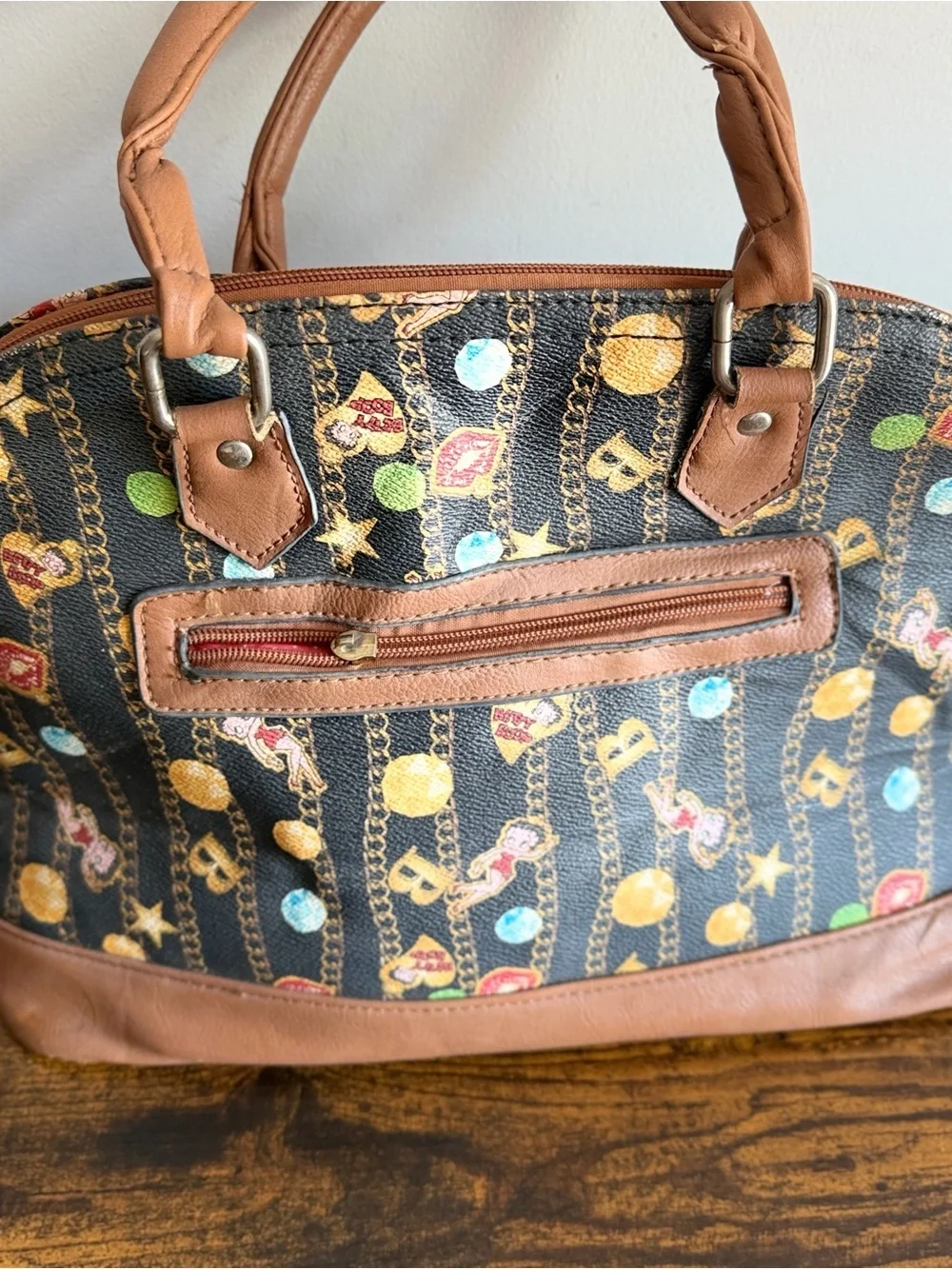 Betseyville by Betsey Johnson Novelty Print Dome Satchel Handbag Brown Pink